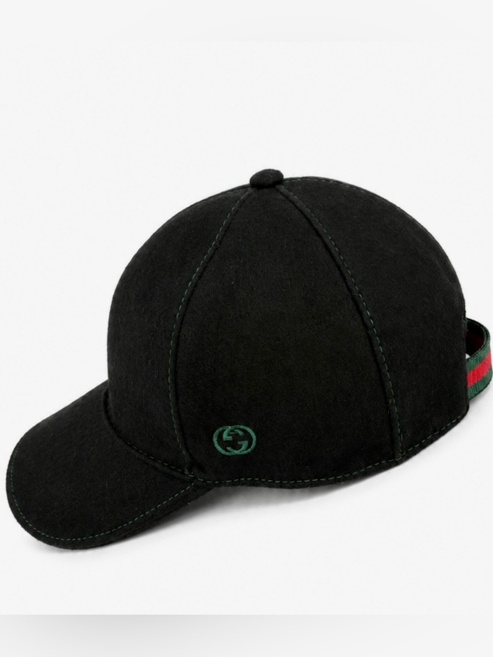 Black Gucci Wool Baseball Cap Interlocking G Stripe Back Green Stitch Size S